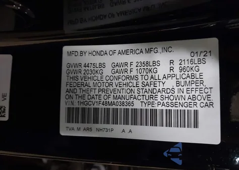 2021 Honda Accord Sport Se z USA, uszkodzony, nr VIN 1HGCV1F48MA038365